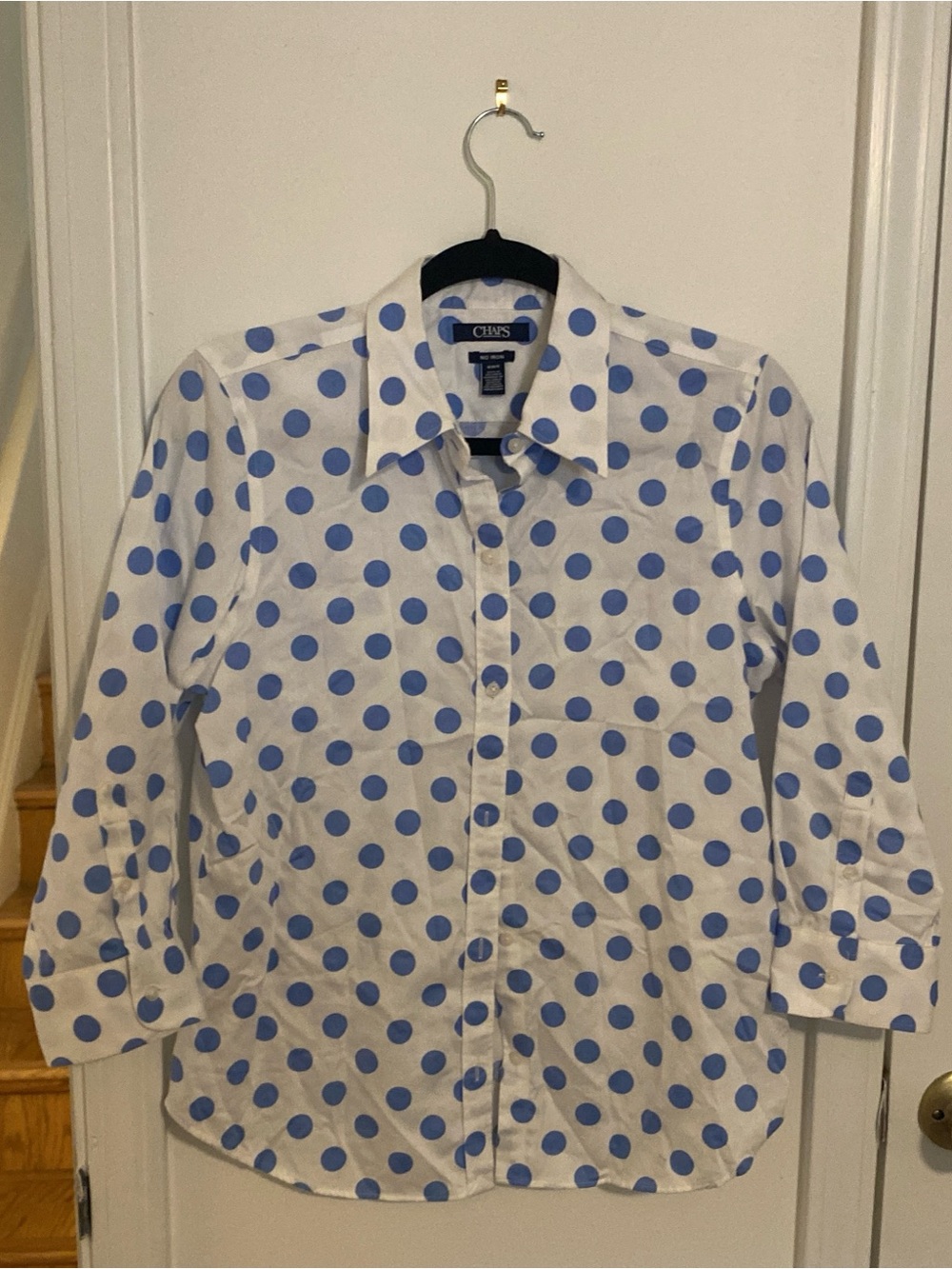 Chaps White Button-Down Shirt with Light Blue Polka Dots